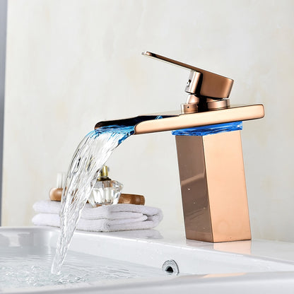 LED Waterfall Single-Hole Bathroom Faucet, Modern Single-Handle Brass Faucet, Chrome / Matte Black / Rose Gold / Polished Gold / Brushed Nickel / Brushed Gold / Matte White