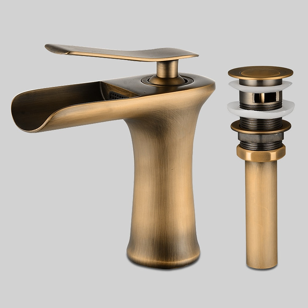 Waterfall Antique Bronze Bathroom Faucet, Single-Hole Single-Handle Faucet with Pop-Up Drain