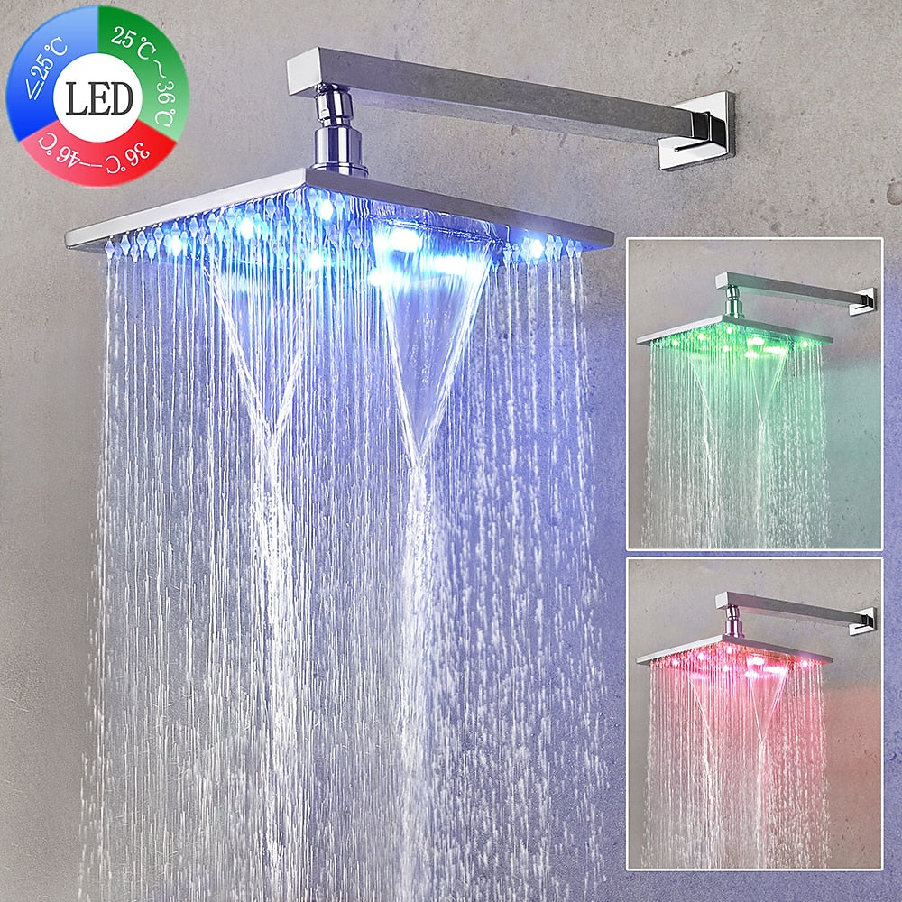 LED Rainfall Shower Faucet System, Wall-Mount Single-Handle Shower Faucet with Handheld Shower, Matte Black / Chrome