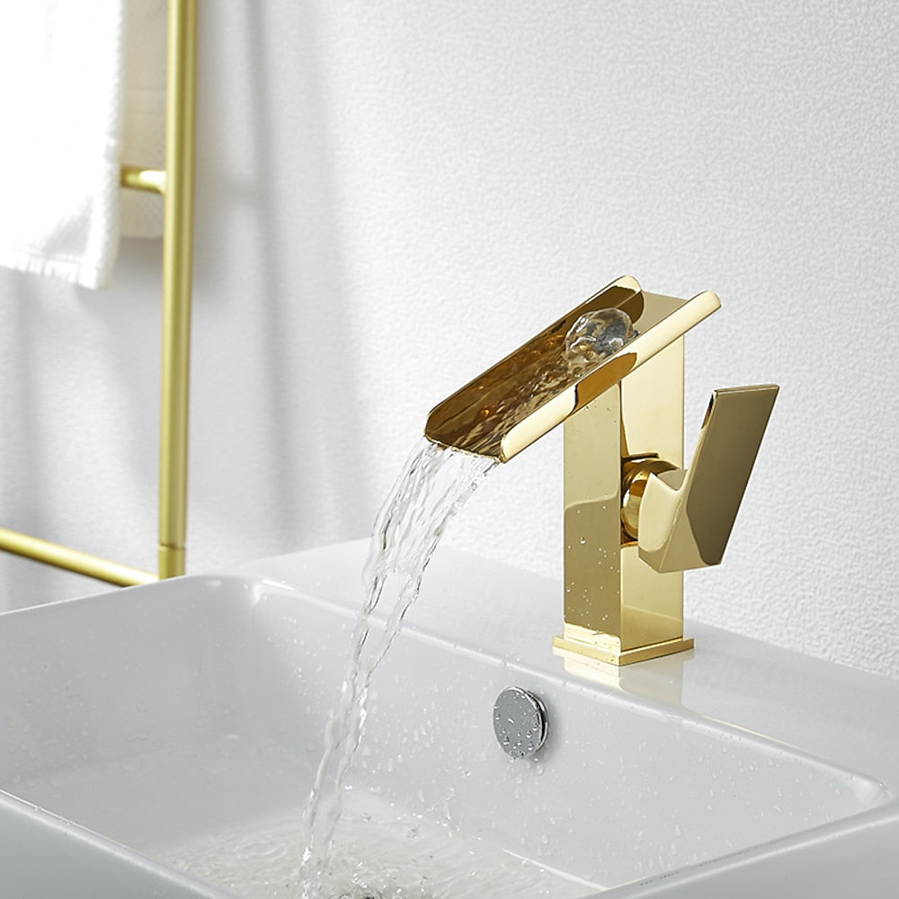 Brushed Gold Waterfall Bathroom Sink Faucet, Modern Single-Hole Single-Handle Faucet