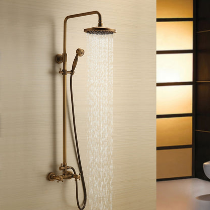 Antique Brass Rainfall Shower System, Wall-Mounted Exposed Pipe Faucet with Handheld Shower