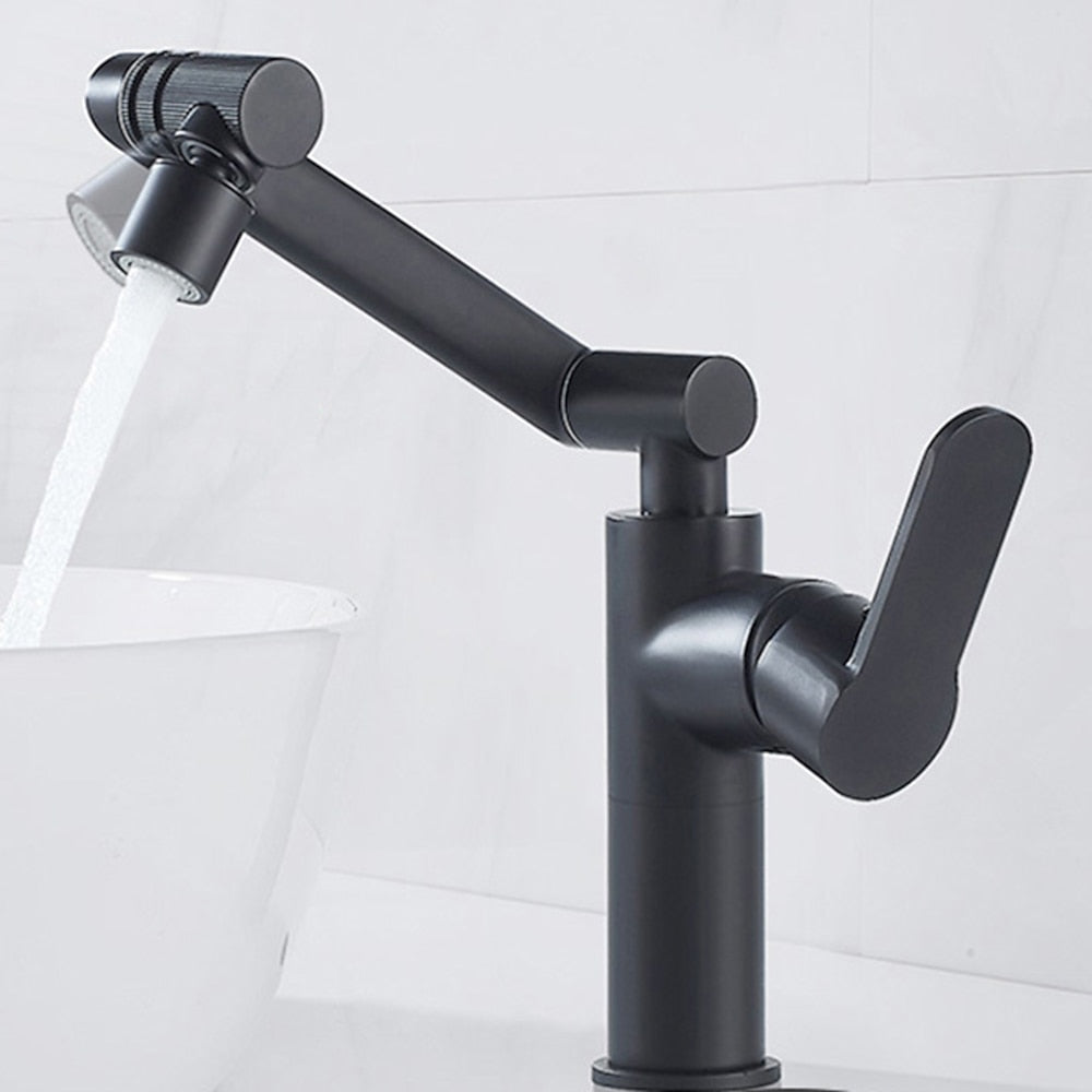Height-Adjustable Modern Bathroom Sink Faucet, Single-Hole Swivel Spout Faucet, Matte Black / Chrome
