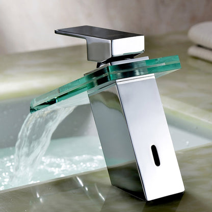 Chrome Contemporary Bathroom Faucet, Single-Handle Glass Waterfall Spout Faucet