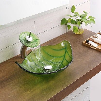 Modern Leaf-Shaped Glass Vessel Sink, Single-Handle Waterfall Spout Faucet Combo with Pop-Up Drain, Multi- / Bronze / Black / Gold