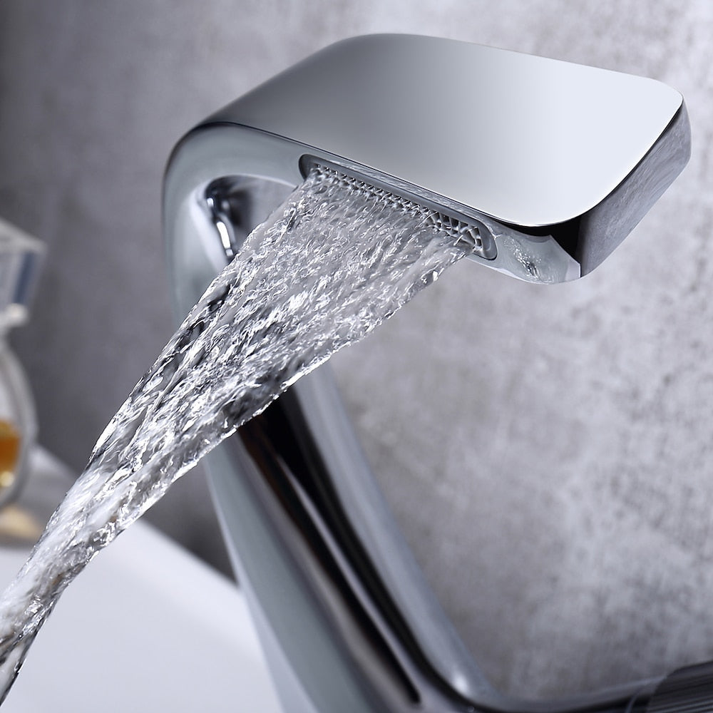 Modern Waterfall Bathroom Faucet, Single-Hole Brass Vessel Sink Faucet