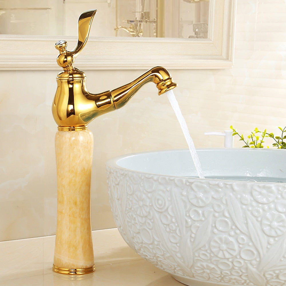 Vintage Traditional Single-Hole Bathroom Faucet, Single-Handle Brass Faucet with Marble Column Base, Gold / White / Multi