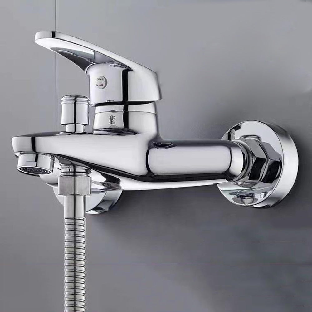 Modern Chrome Wall-Mount Tub Faucet, Single-Handle Brass Tub Filler with Handheld Shower