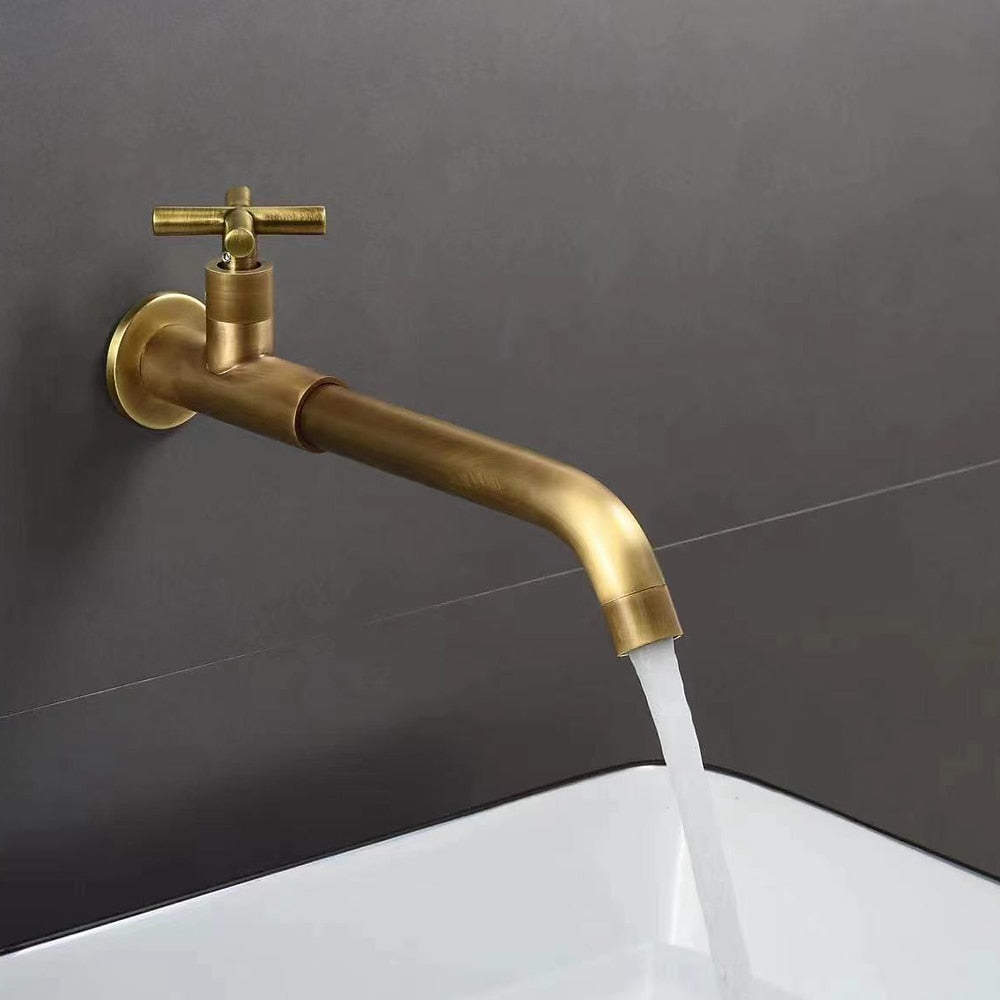 Wall-Mount Single-Hole Bathroom Faucet, Single Cross Handle Cold Water Faucet, Chrome / Matte Black / Polished Gold / Antique Brass / Matte White