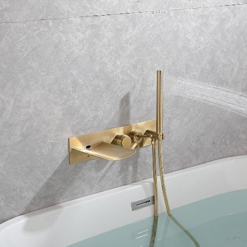 Waterfall Wall-Mount Tub Filler Faucet, Brass Bathtub Faucet with Handheld Shower, Brushed Gold / Matte Black
