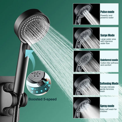 5-Spray Mode Matte Black Handheld Shower Head, High-Pressure Bathroom Showerhead