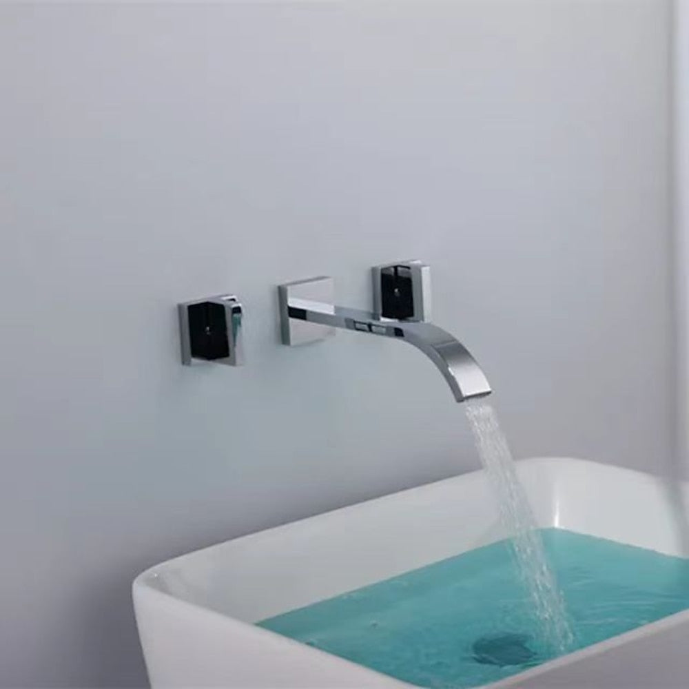 Chrome Modern Waterfall Bathroom Faucet, Wall-Mount 3-Hole Double-Handle Faucet