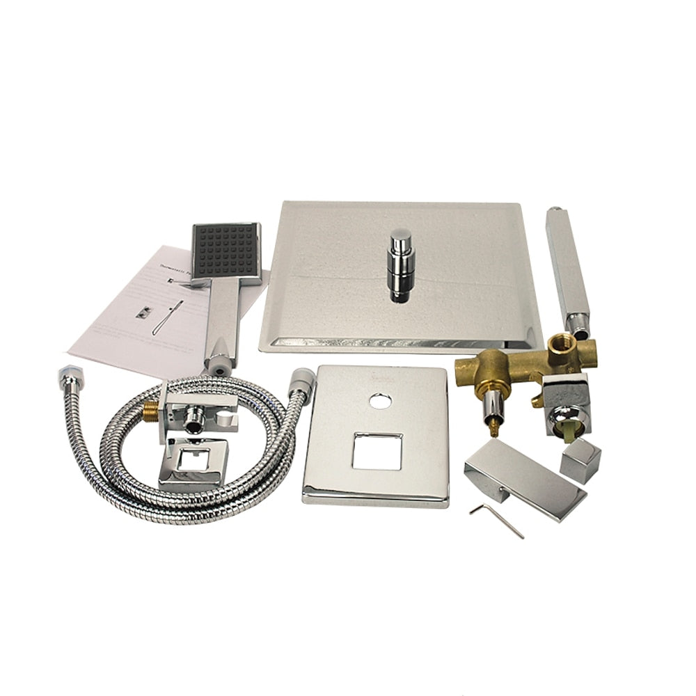 Chrome Ceiling-Mount Rainfall Shower System, Modern Complete Shower Faucet Set with Handheld Shower