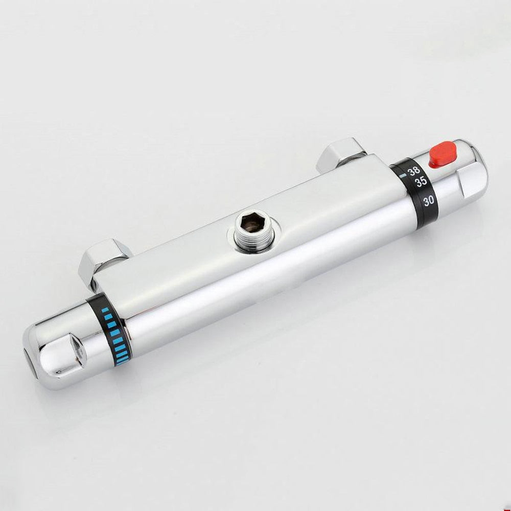 Chrome Wall-Mount Thermostatic Shower Valve, Dual-Knob Brass Mixer Bar with 38°C Safety Button