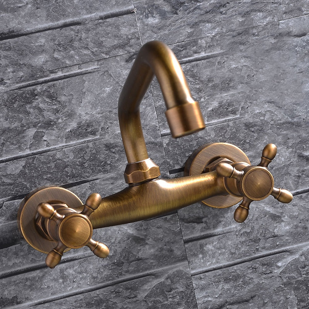 Retro Wall-Mount Antique Brass Bathroom Faucet, Double Cross Handle Swivel Spout Brass Utility Faucet