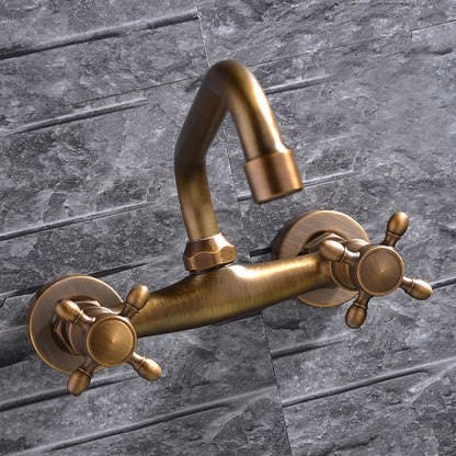 Retro Wall-Mount Antique Brass Bathroom Faucet, Double Cross Handle Swivel Spout Brass Utility Faucet