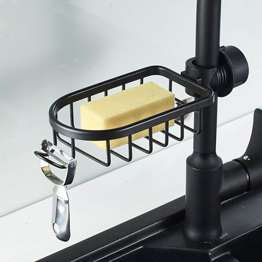 Modern Aluminum Faucet Storage Rack, Clamp-On Sink Caddy Organizer with Integrated Hooks, Black / Silver