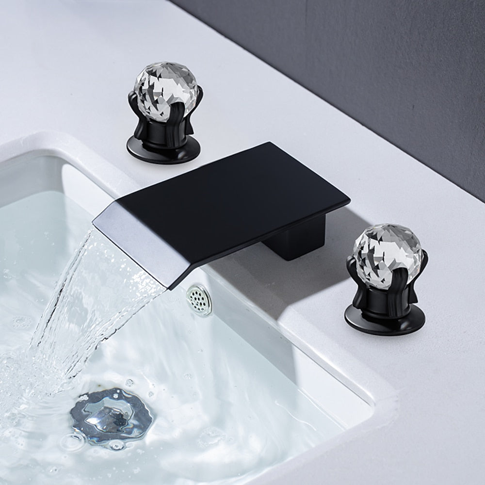 Waterfall Bathroom Sink Faucet, Modern 3-Hole Widespread Faucet with Crystal Knob Handles, Matte Black / Chrome