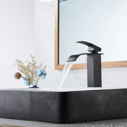 Waterfall Single-Hole Bathroom Faucet, Modern Single-Handle Vessel Sink Faucet, Matte Black / Polished Gold