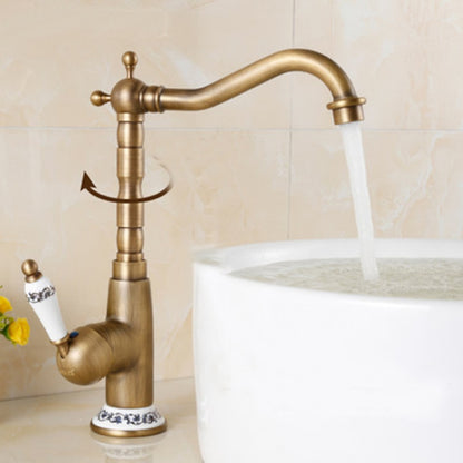 Antique Brass Vintage Single-Hole Bathroom Faucet, High Arc Swivel Spout Vessel Sink Faucet with Ceramic Handle