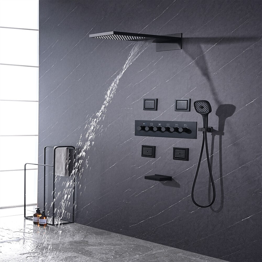 Matte Black Thermostatic Waterfall Rainfall Contemporary Shower System, Wall-Mount 5-Function Brass Faucet with Handheld Shower