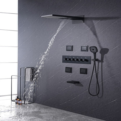 Matte Black Thermostatic Waterfall Rainfall Contemporary Shower System, Wall-Mount 5-Function Brass Faucet with Handheld Shower