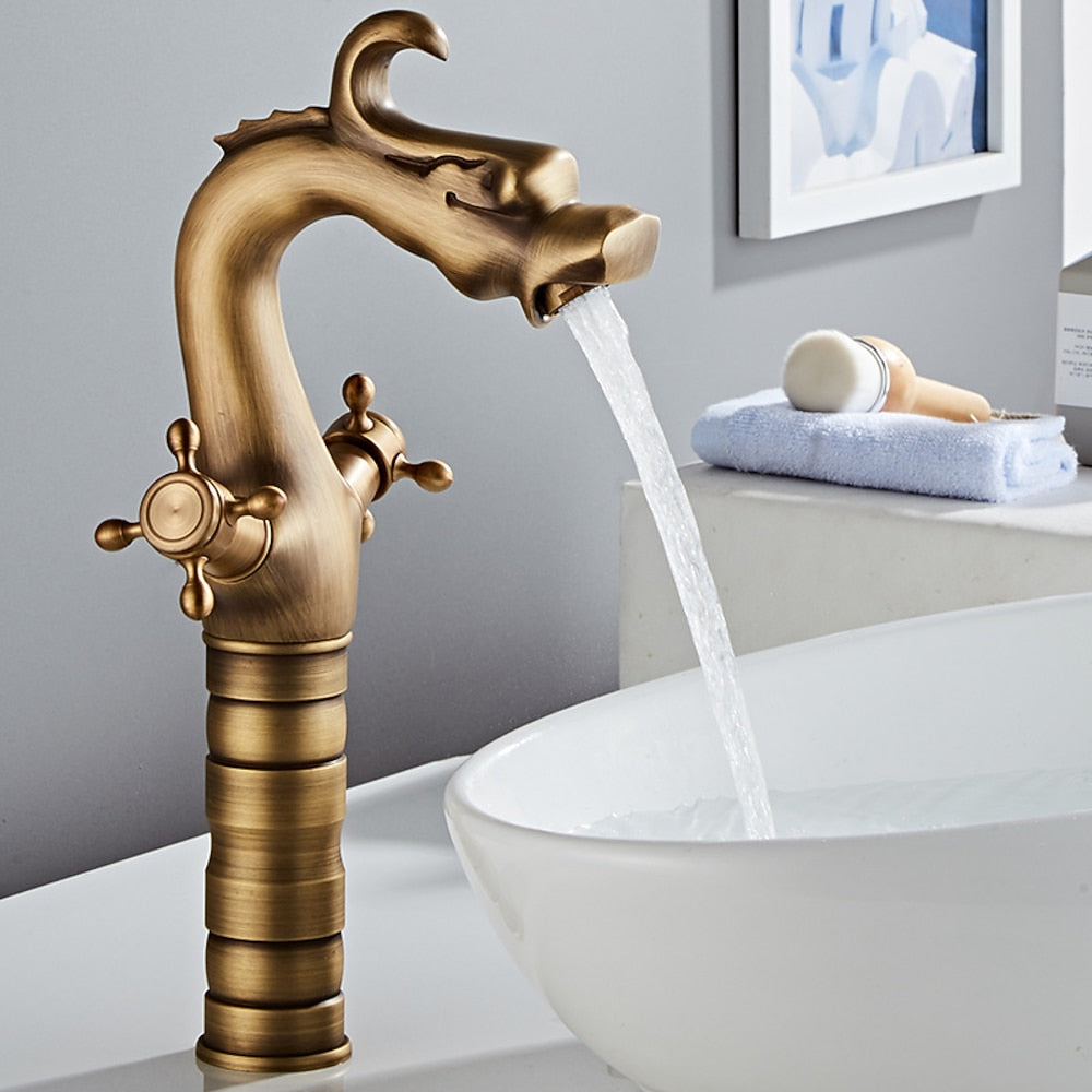 Vintage Dragon Vessel Sink Faucet, Single-Hole Double Cross Handle Brass Faucet