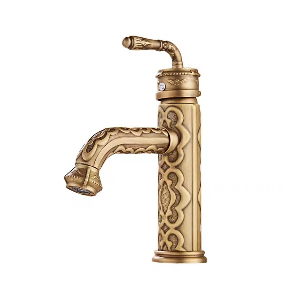 Antique Brass 360-Degree Swivel Spout Vintage Bathroom Faucet, Single-Handle Single-Hole Basin Faucet with Water Inlet Hoses