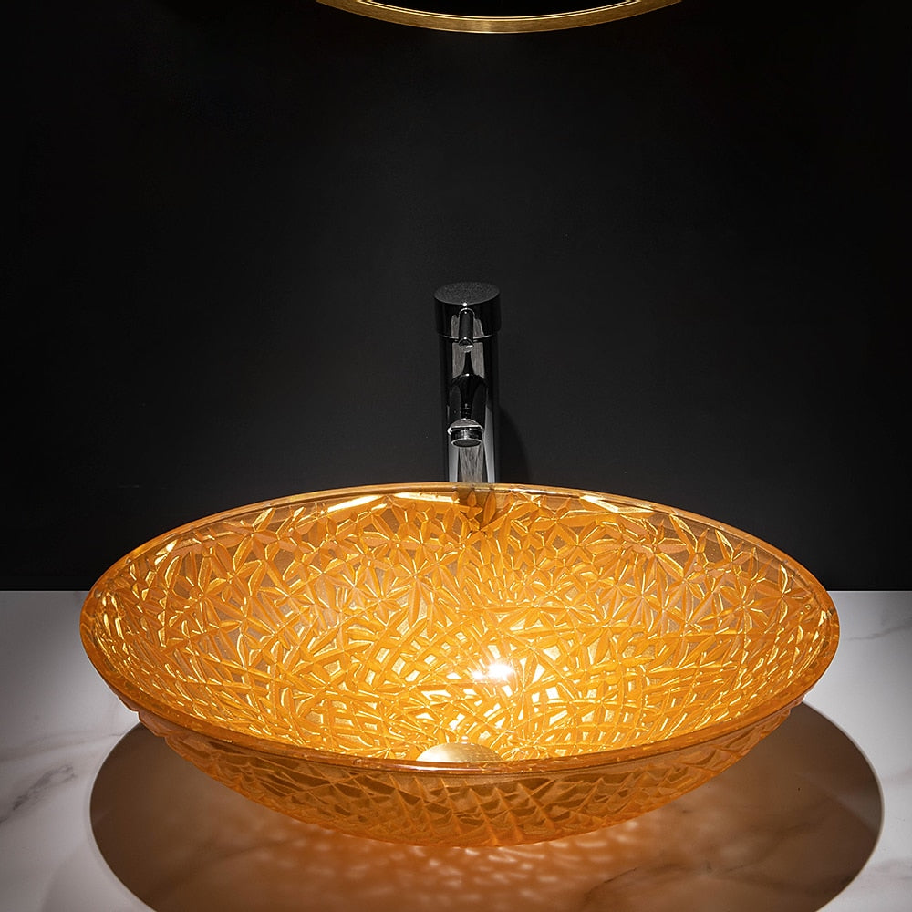 Orange Oval Glass Vessel Sink with Chrome Faucet, Single-Handle Bathroom Vessel Faucet with Pop-Up Drain