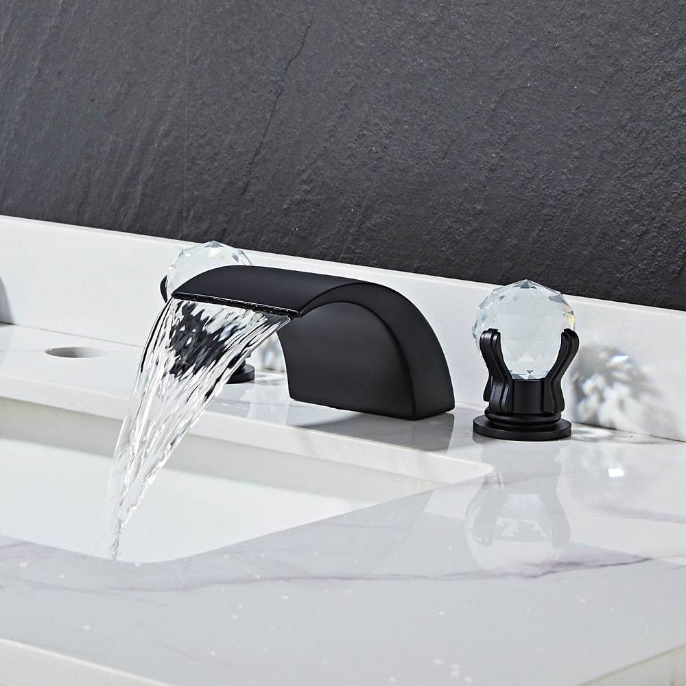 Waterfall Bathroom Faucet, Modern 3-Hole Widespread Faucet, Double Crystal Handle Faucet, Matte Black / Chrome / Brushed Gold / Polished Gold
