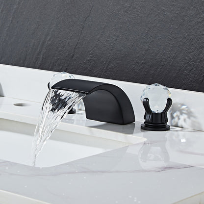 Waterfall Bathroom Faucet, Modern 3-Hole Widespread Faucet, Double Crystal Handle Faucet, Matte Black / Chrome / Brushed Gold / Polished Gold