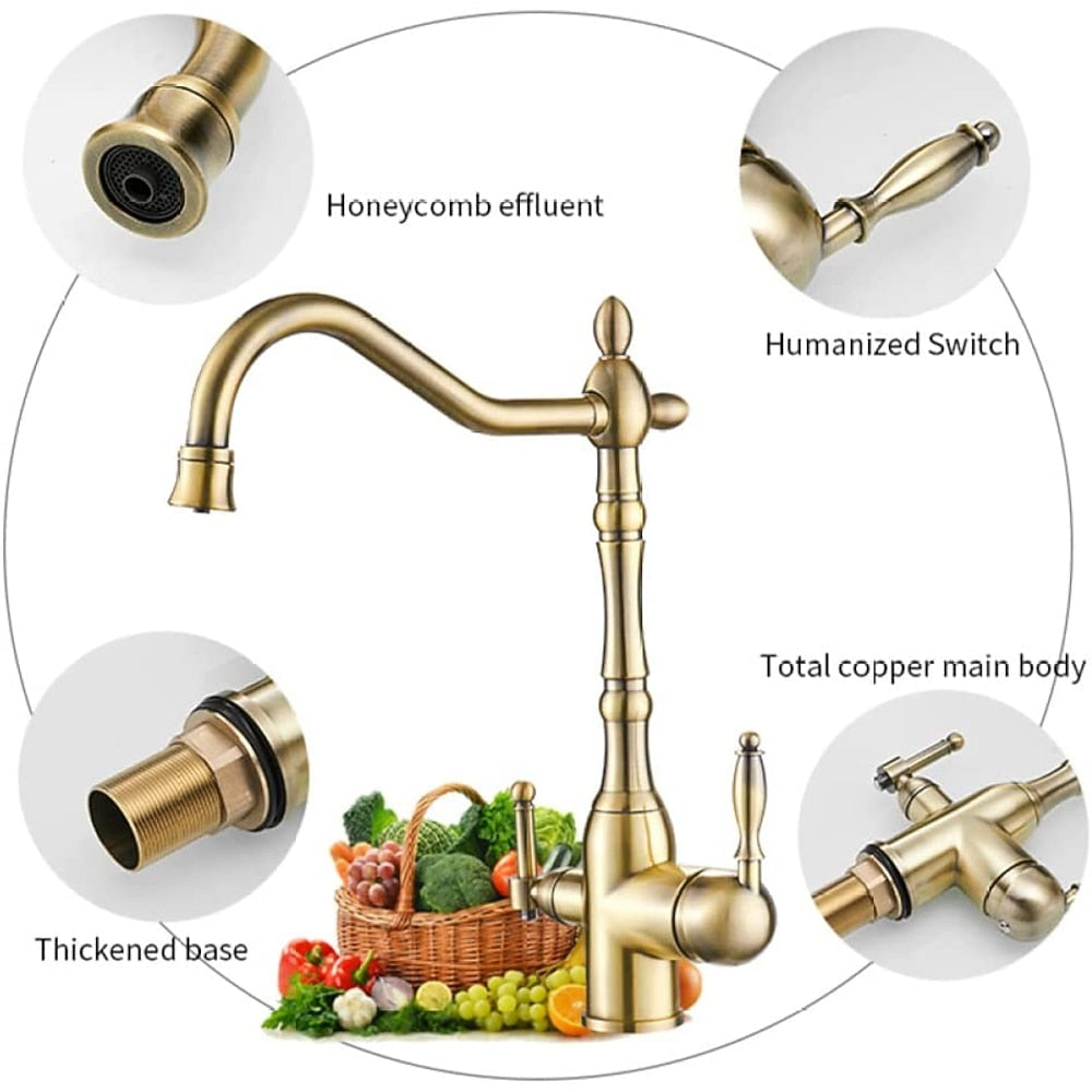 Traditional Brass 3-Way Purified Water Kitchen Faucet, Dual-Handle Swivel Spout Faucet, Antique Brass / Chrome / Matte Black / Polished Gold