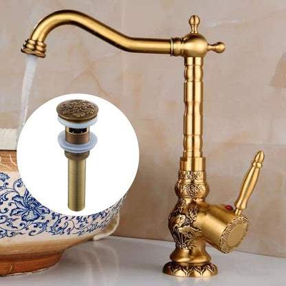Antique Brass Vintage Single-Hole Bathroom Faucet with Pop-Up Drain, Single-Handle High-Arc Swivel Spout Basin Faucet