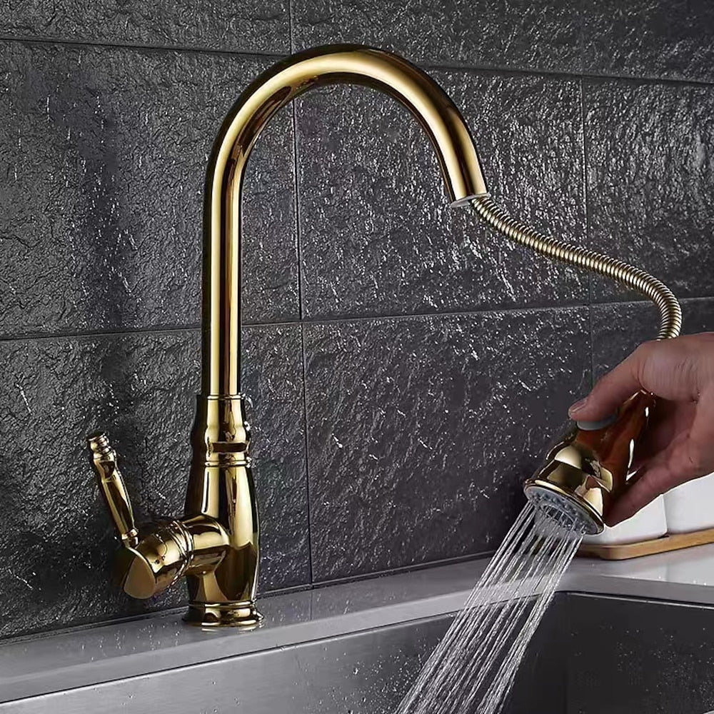 Traditional High-Arc Pull-Down Kitchen Faucet, Single-Handle Single-Hole Brass Faucet, Oil-Rubbed Bronze / Chrome / Brushed Nickel / Polished Gold