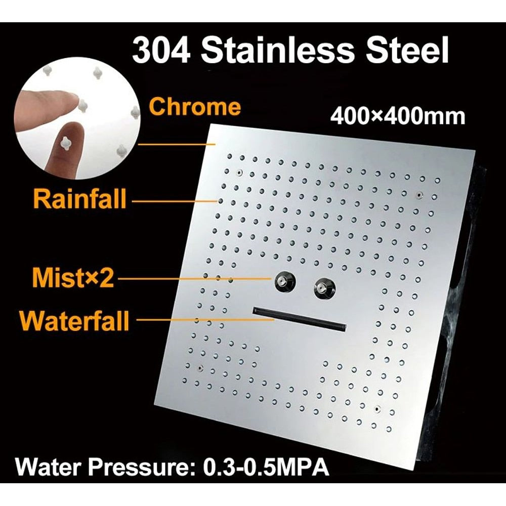 Chrome LED Waterfall Ceiling-Mount Shower Head, Large Square Stainless Steel Shower Head