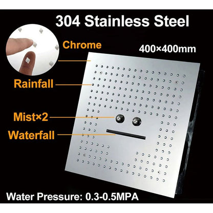 Chrome LED Waterfall Ceiling-Mount Shower Head, Large Square Stainless Steel Shower Head