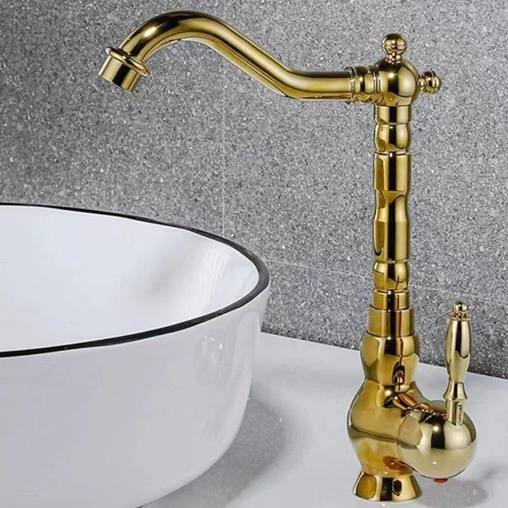 Vintage Tall Vessel Sink Faucet, Traditional Single-Handle Bathroom Faucet with High Arc Swivel Spout, Gold / Chrome / Antique Brass