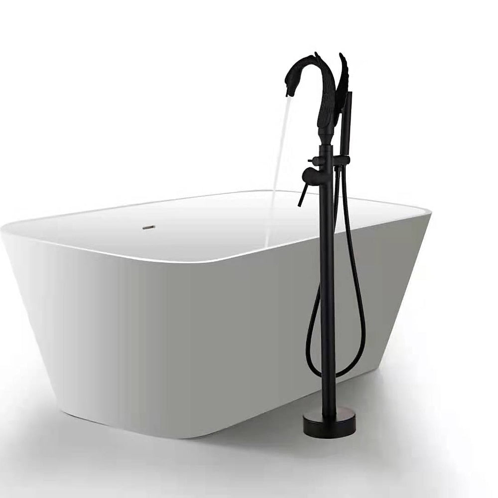 Swan-Design Freestanding Tub Filler Faucet, Single-Handle Bathroom Bathtub Faucet with Handheld Shower, Chrome / Polished Gold / Matte Black