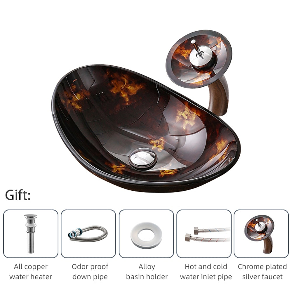 Waterfall Faucet, Brown Oval Glass Vessel Sink with Pop-Up Drain