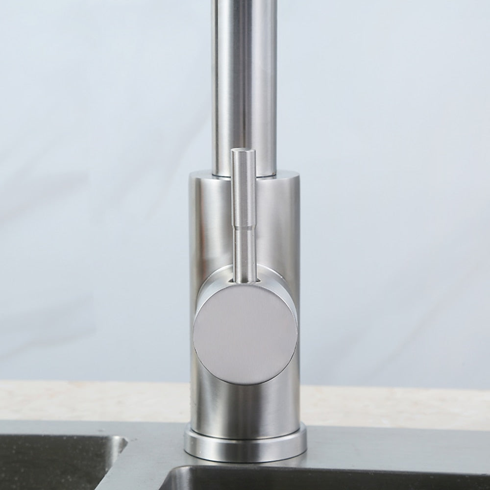 Brushed Nickel Stainless Steel Pull-Down Kitchen Faucet, Single-Hole Single-Handle Faucet, Modern Swivel Spout Faucet