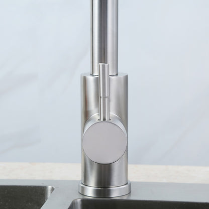 Brushed Nickel Stainless Steel Pull-Down Kitchen Faucet, Single-Hole Single-Handle Faucet, Modern Swivel Spout Faucet