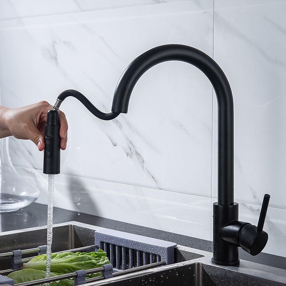 Modern Pull-Down Kitchen Faucet, Single-Handle Swivel Spout Faucet, Matte Black / Brushed Gold / Brushed Nickel / Chrome / Gunmetal