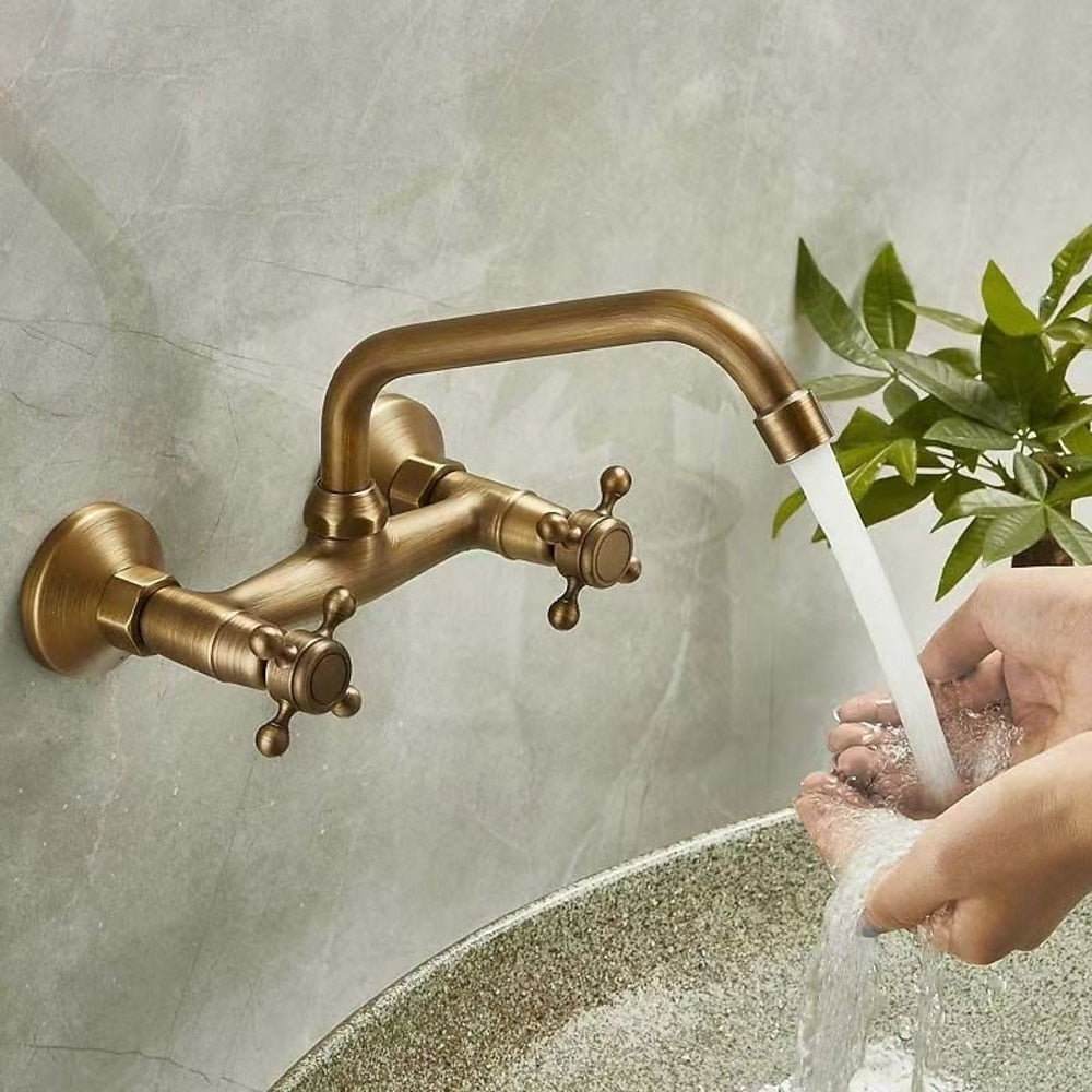 Antique Brass Traditional Wall-Mount Bathroom Faucet, Double Cross-Handle Swivel Spout Sink Faucet