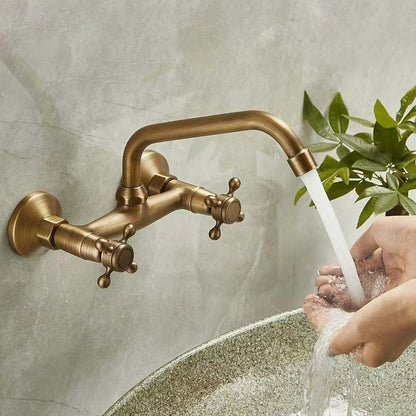 Antique Brass Traditional Wall-Mount Bathroom Faucet, Double Cross-Handle Swivel Spout Sink Faucet