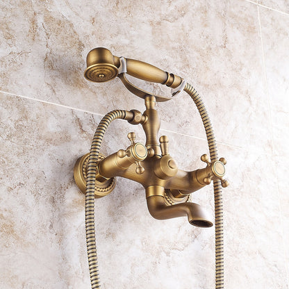 Vintage Wall-Mount Tub Faucet, Double-Handle Brass Bathtub Faucet with Telephone- Handheld Shower, Antique Brass / Matte Black
