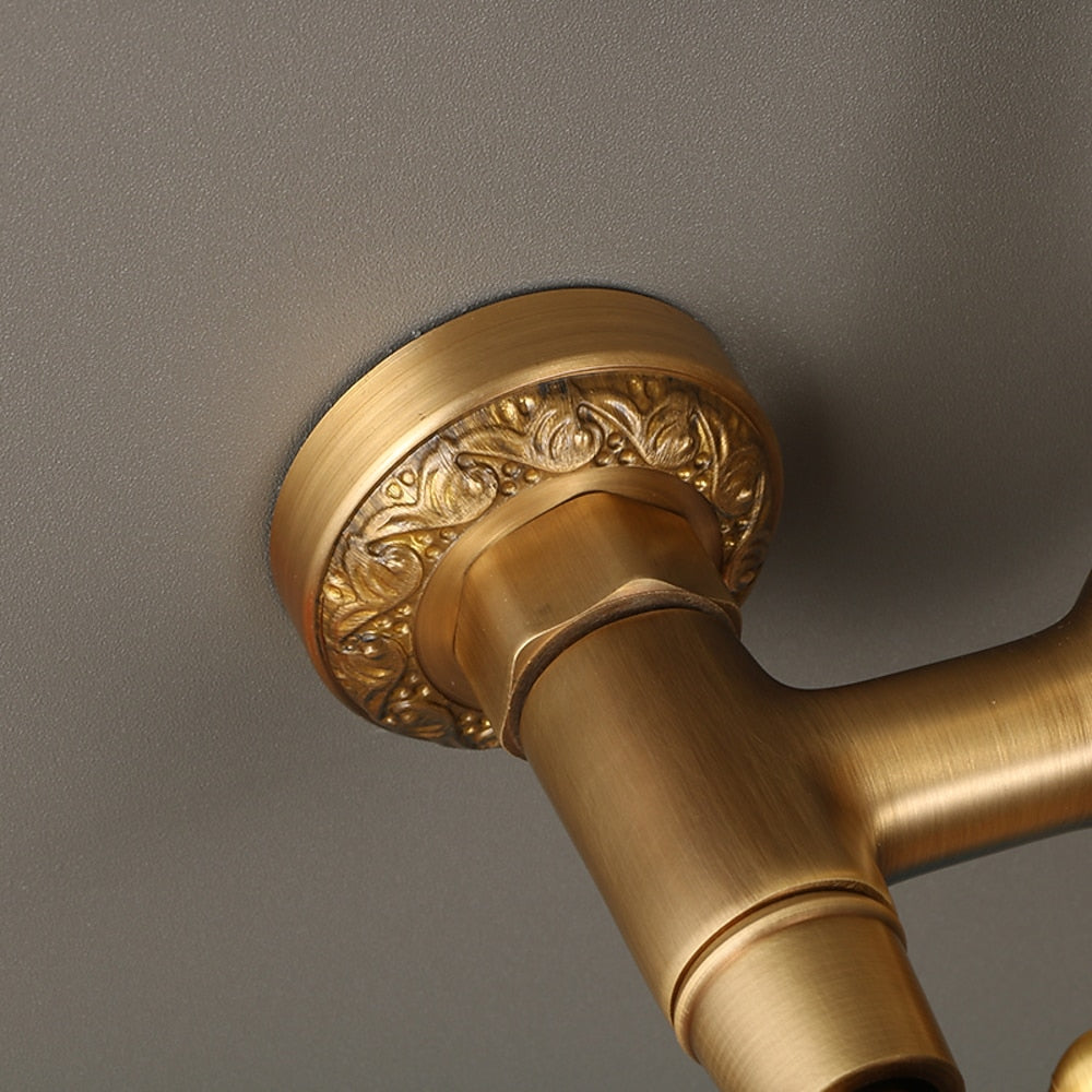 Traditional Antique Brass Wall-Mount Kitchen Faucet, Dual Cross Handle Brass Faucet with Swivel Spout