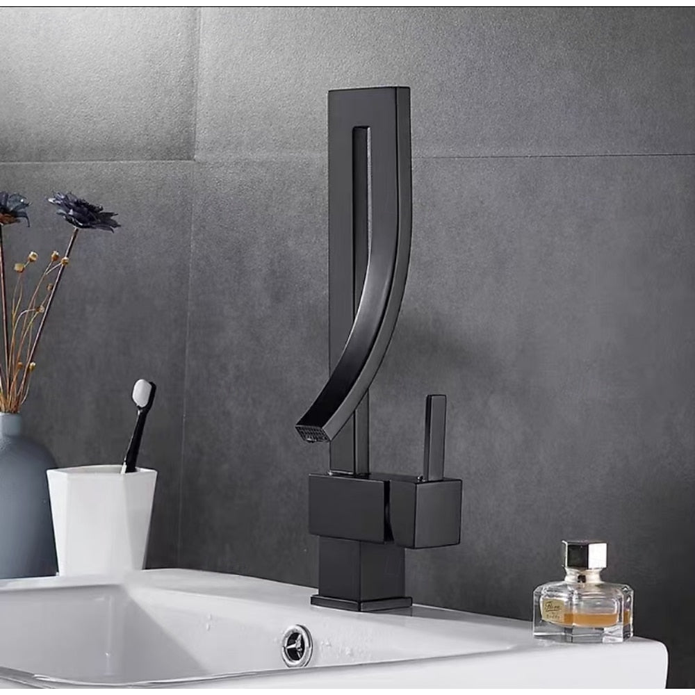 Waterfall Single-Hole Bathroom Faucet, Modern Single-Handle Brass Faucet, Chrome / Matte Black / Polished Gold