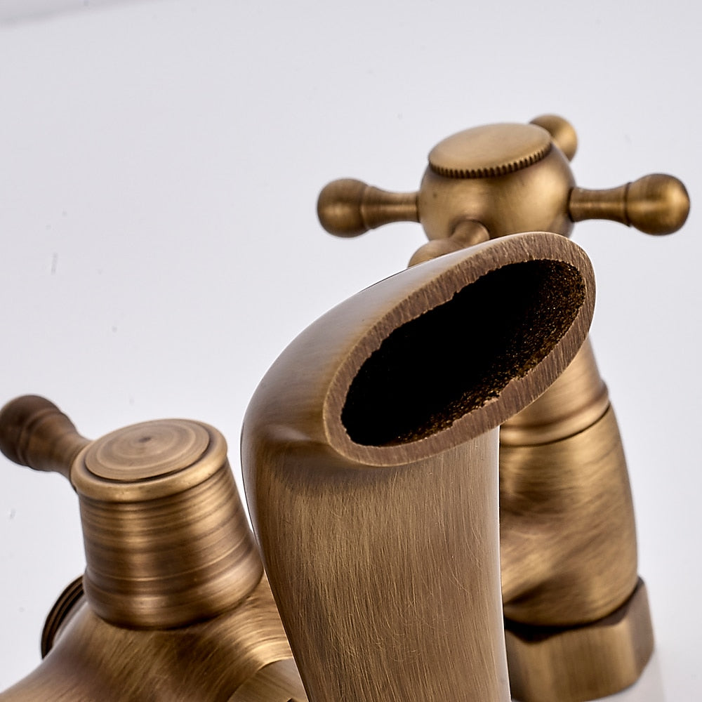 Antique Brass Wall-Mount Bathtub Faucet, Dual-Handle Tub Filler Faucet with Handshower