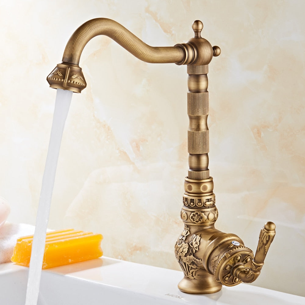 Antique Brass Traditional Single-Handle Kitchen Faucet, High Arc Swivel Spout Sink Faucet with Water Inlet Hoses
