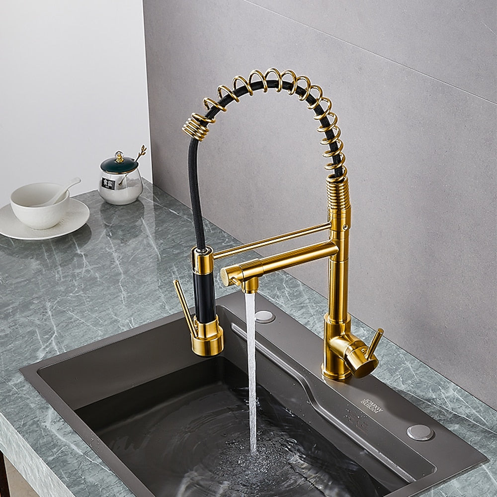 Two-Tone Black Gold Modern Pre-Rinse Kitchen Faucet, Single-Hole Brass Pull-Down Faucet