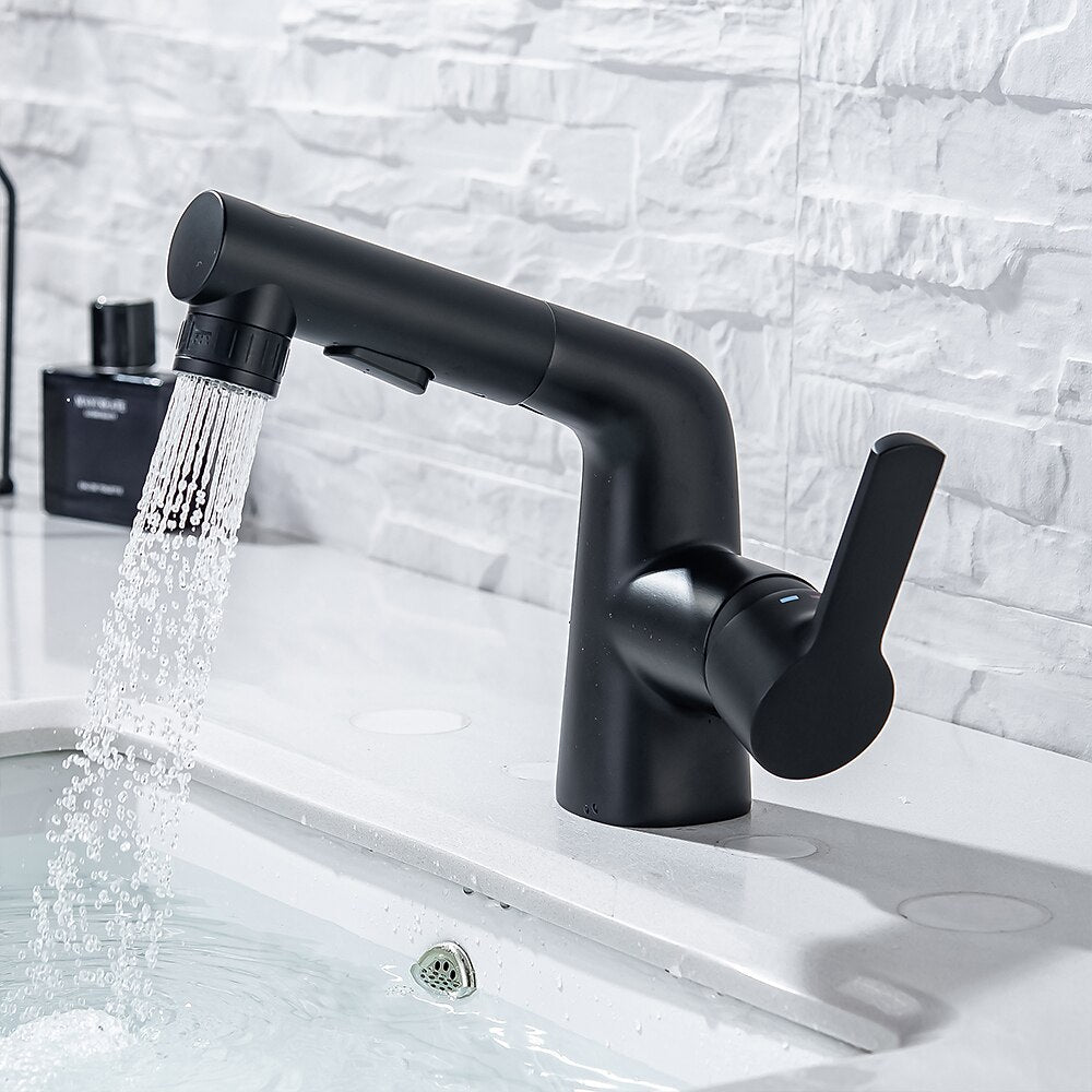 Modern Pull-Out Bathroom Sink Faucet, Single-Handle Swivel Spout Faucet, Brushed Gold / Chrome / Matte Black / Gunmetal